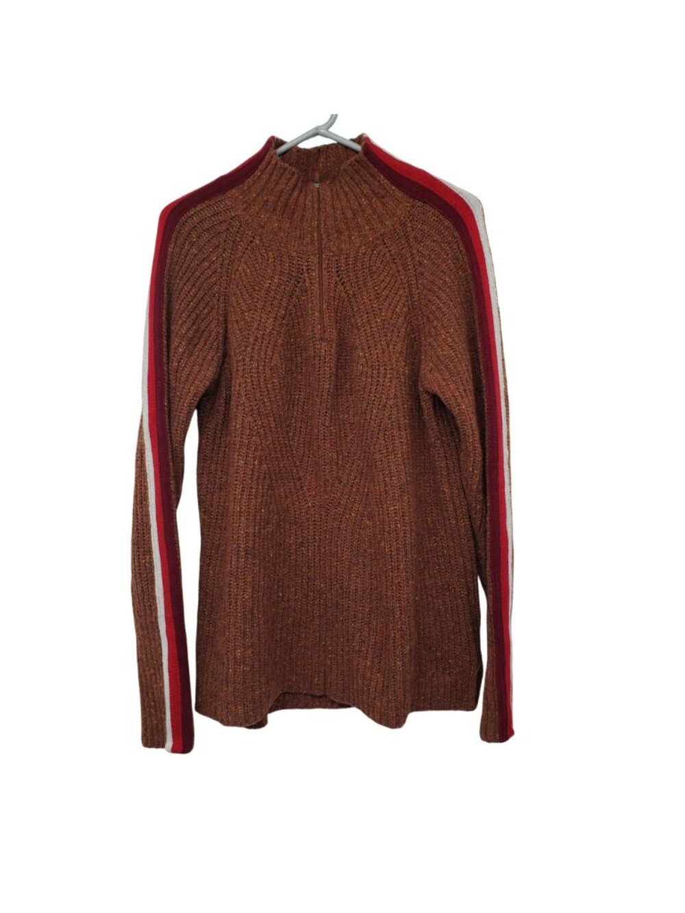 Krimson Klover Brown Cable Knit Sweater Stripe Sleeve Thumbholes Half Zip L - Picture 3 of 13